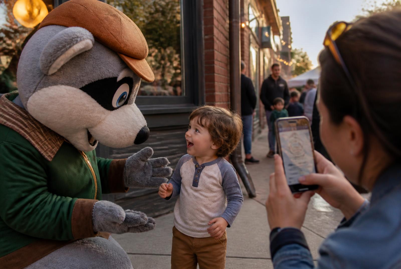 A child finds a costumed mascot on a downtown street while a parent photographs the moment on a phone