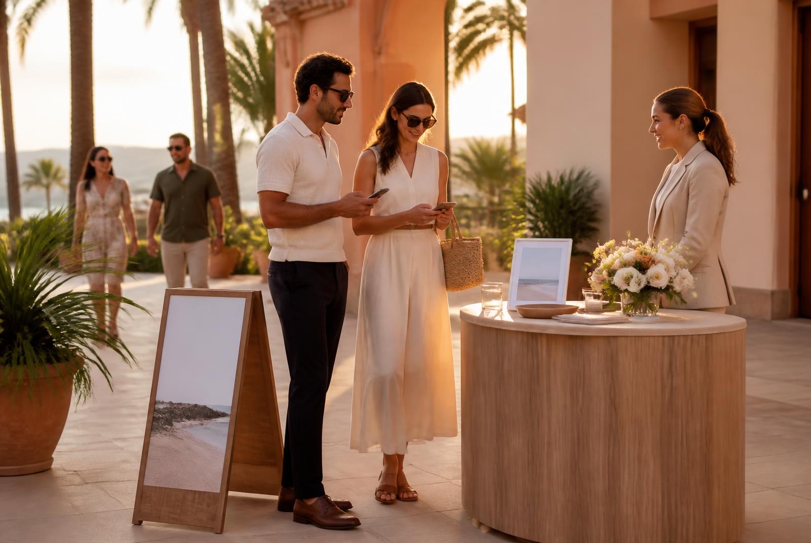 Guests scanning a QR code at a welcome table during a resort property activation at golden hour