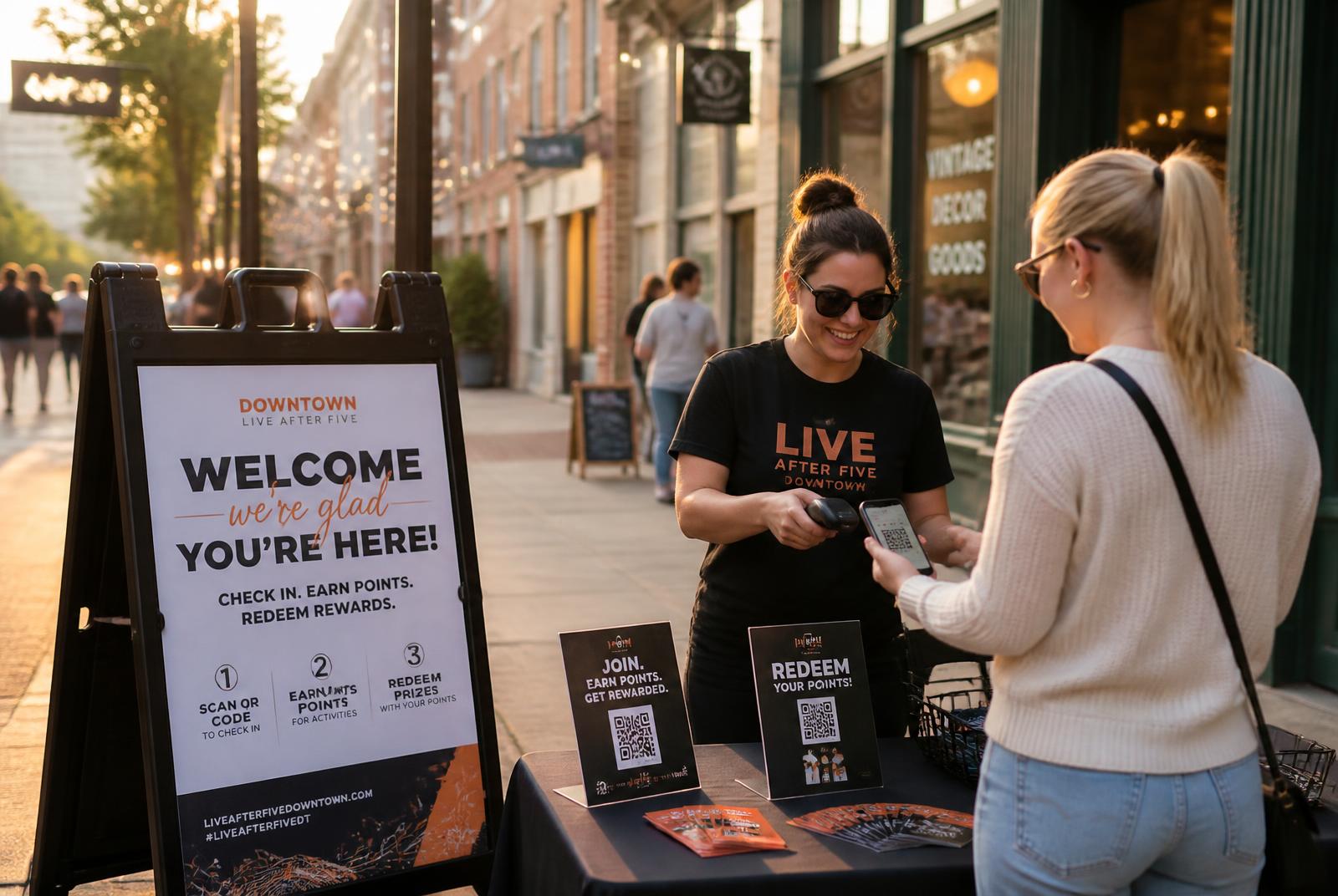 Staff scanning a guest's phone at an activation welcome table with A-frame signage and redemption cards