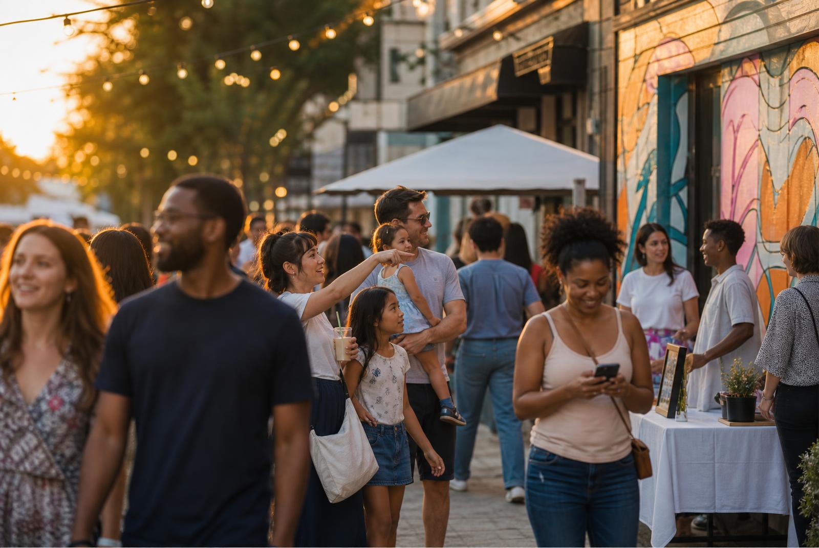Guests exploring a downtown activation on their phones