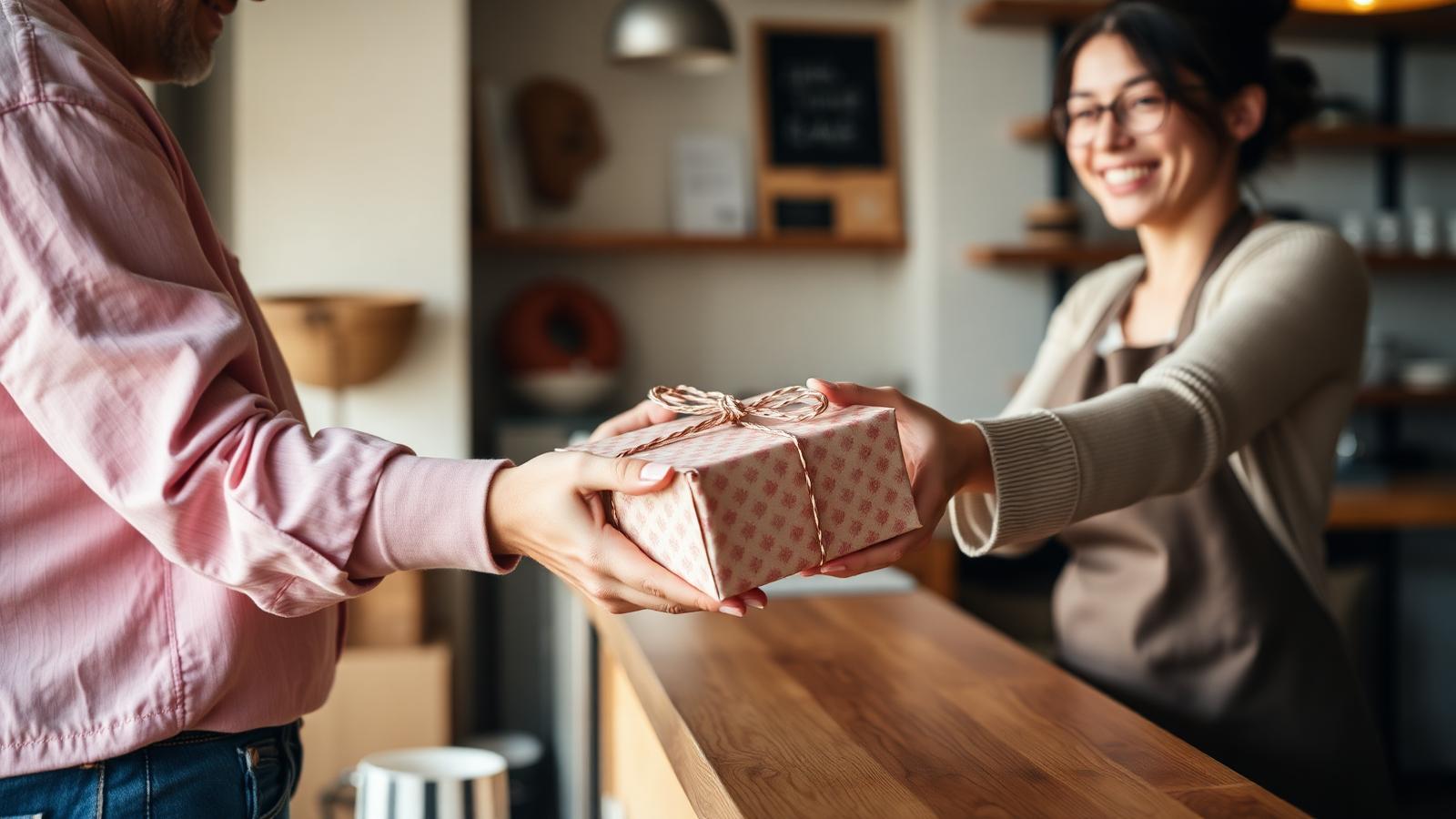 Small business owner handing a wrapped package to a happy customer