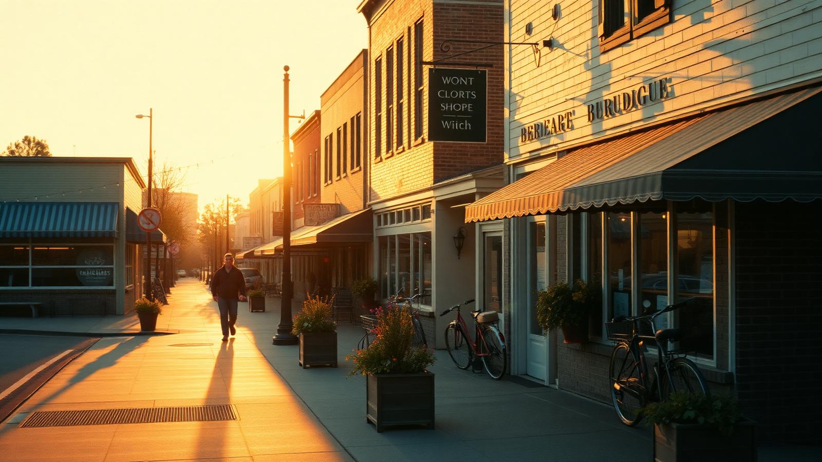 Independent shops lining a small-town main street at golden hour