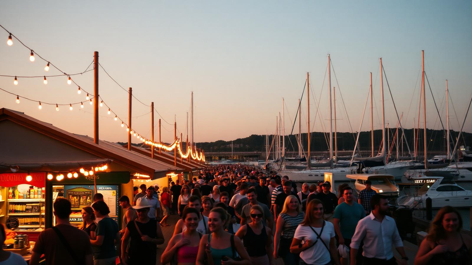 Lively waterfront community boardwalk at golden hour with string lights and visitors